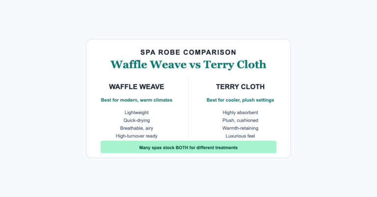 Side by side comparison of waffle weave and terry cloth spa robes