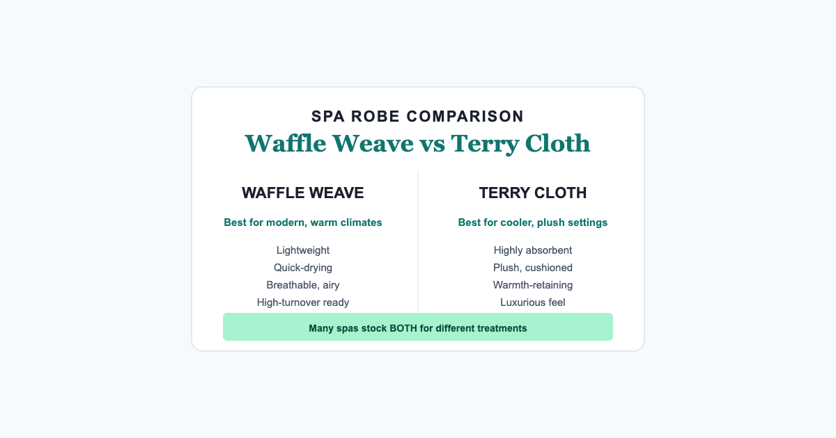 Side by side comparison of waffle weave and terry cloth spa robes