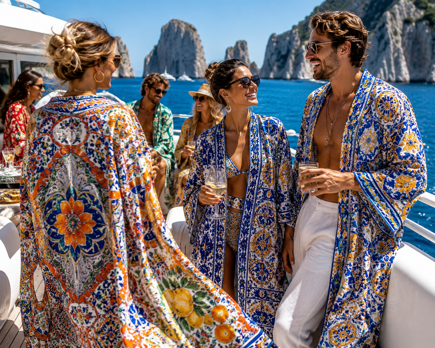 Yacht party with custom printed kimonos